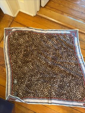 Vince Camuto Brown Leopard Print Square Scarf with Multicolor Striped Border